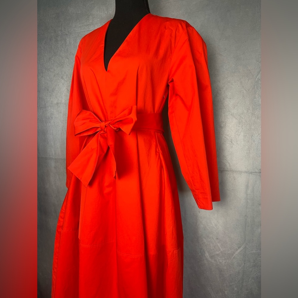 Red Midi Wrap Dress with Balloon Sleeves - Picture 7 of 10